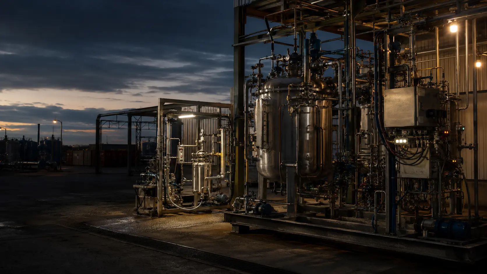 Demonstration-scale technology pilot plant at dusk